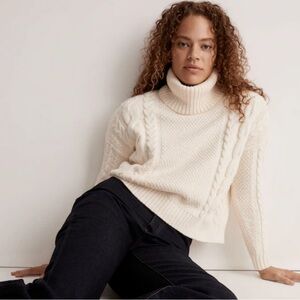 Madewell Cable Turtleneck Sweater Sz L Cream Cotton Blend Cableknit Fisherman